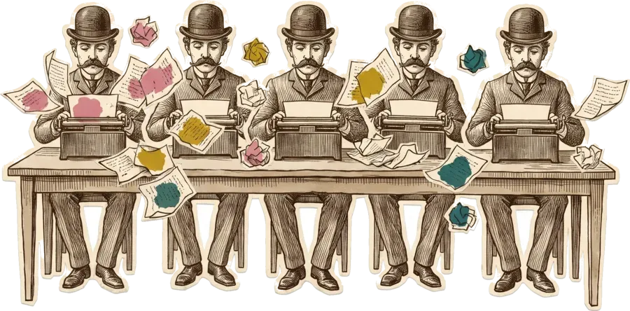 Five identical clerks in bowler hats typing on typewriters