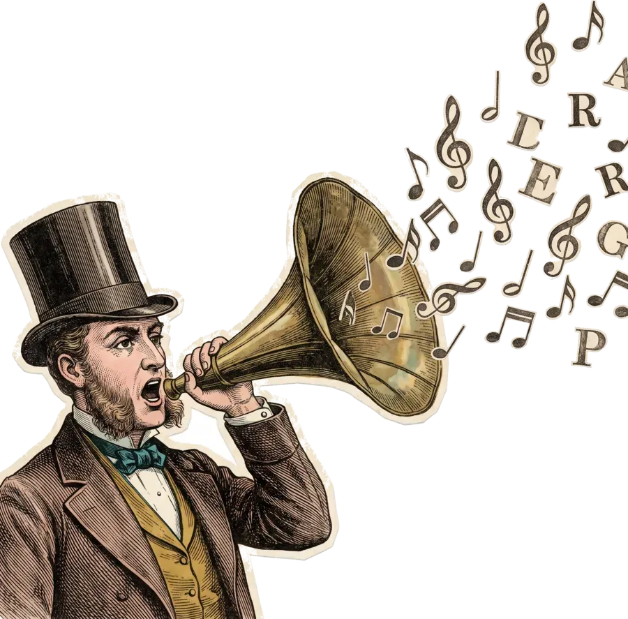 A gentleman shouting into a gramophone horn, letters flying out